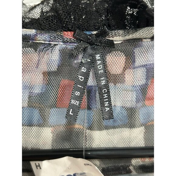 Lapis Sheer Lace Trim Button Front Blouse Black Multi Sz Large Whimsigoth NWT - Picture 5 of 10